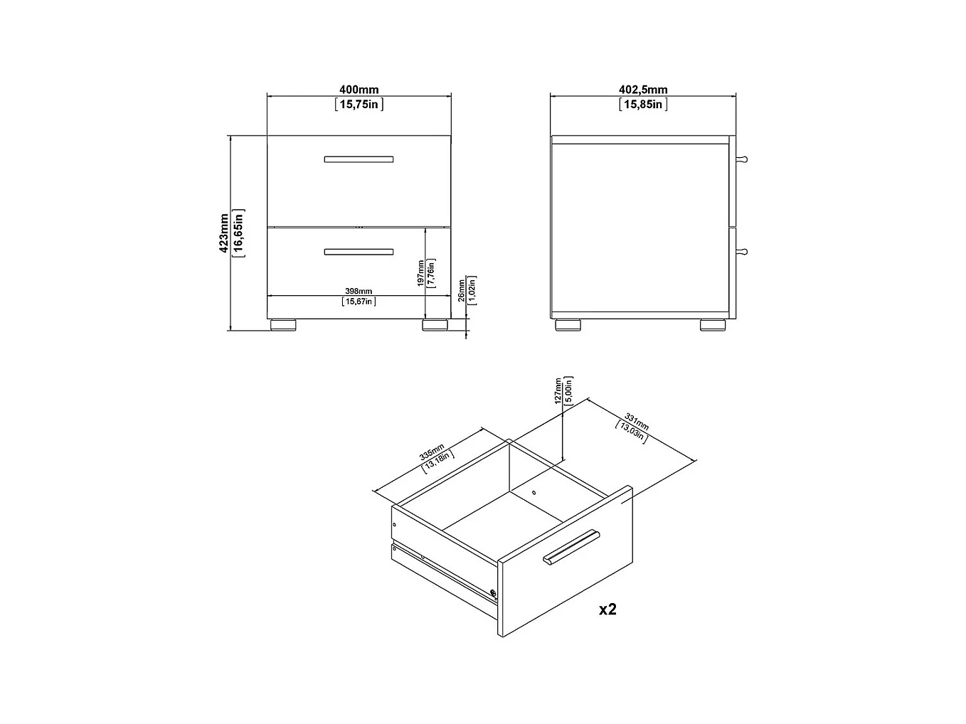 Pepe Nachttisch 2 Schubladen Eichenstruktur-Dekor, weiß hochglanz.