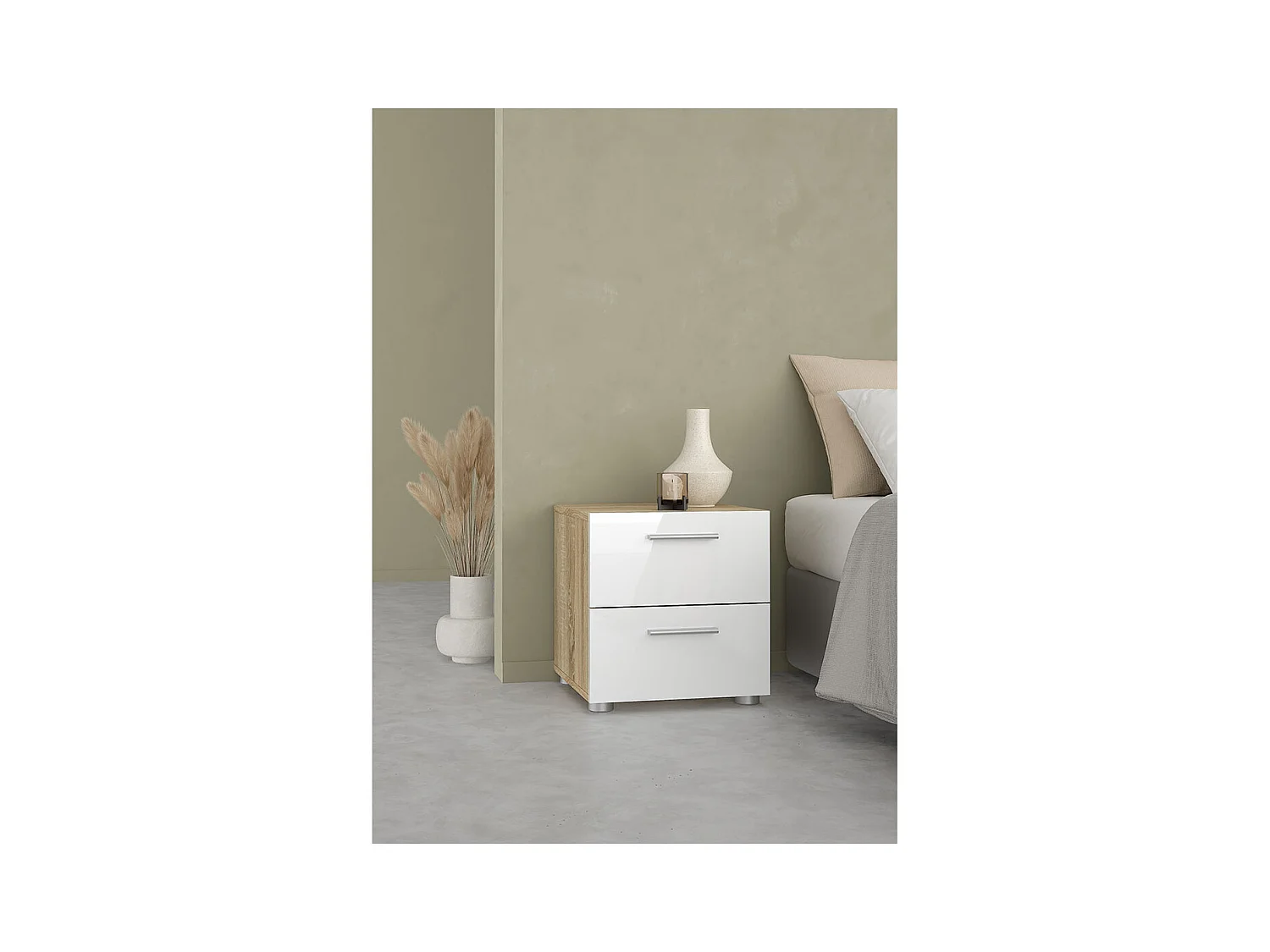 Pepe Nachttisch 2 Schubladen Eichenstruktur-Dekor, weiß hochglanz.