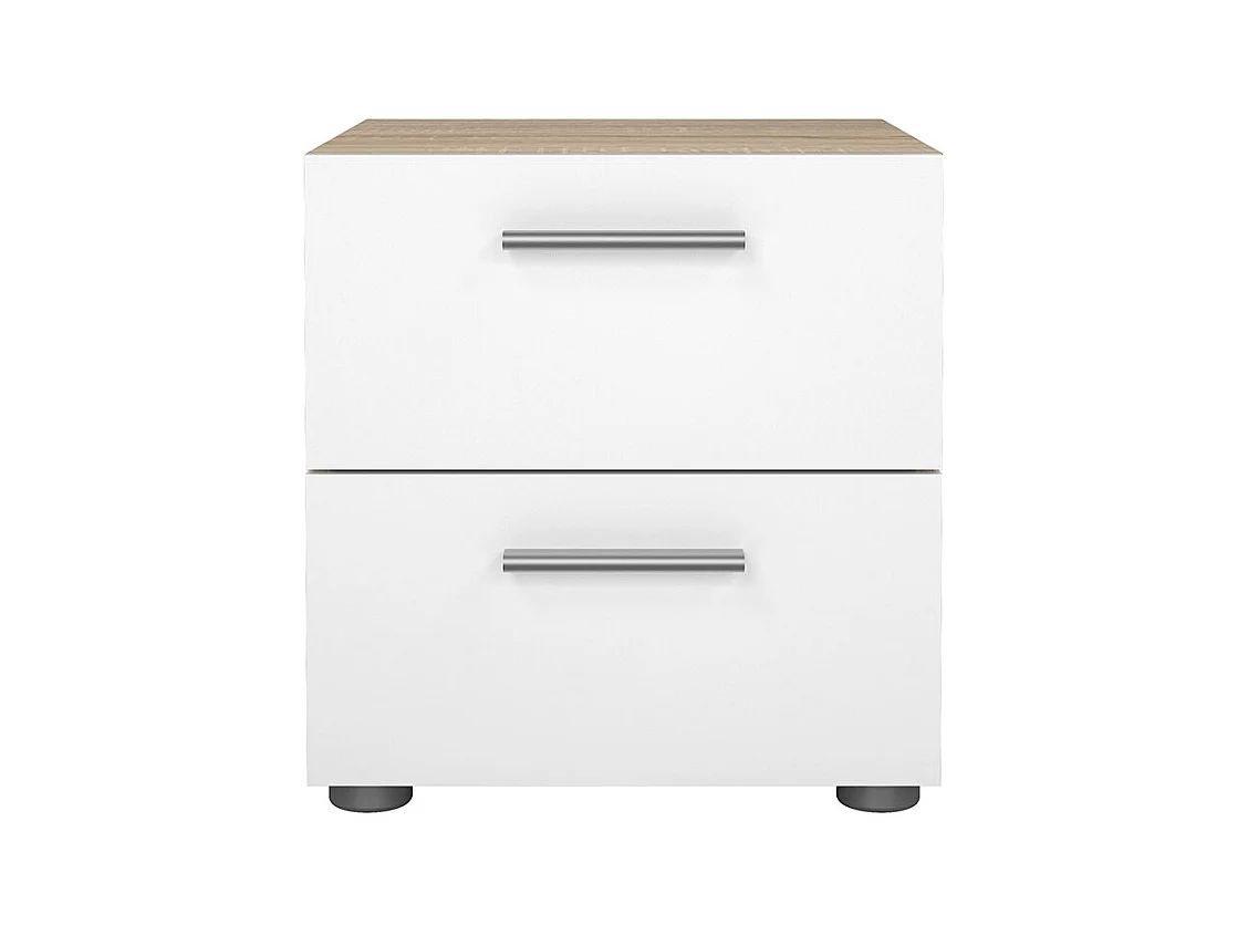 Comodino Pepe a 2 cassetti con struttura in rovere e decori in bianco lucido.