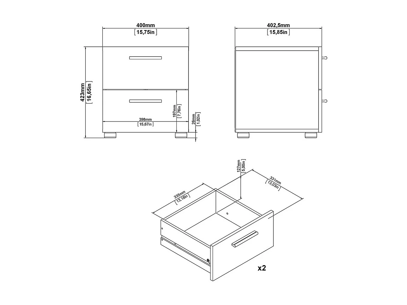 Pepe Nachttisch 2 Schubladen Eichenstruktur-Dekor, weiß hochglanz.