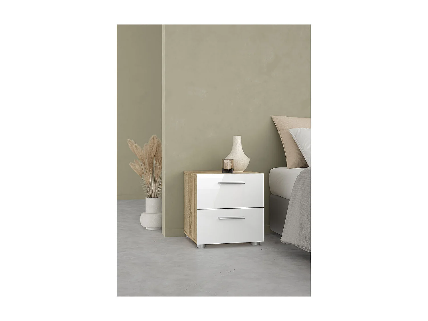 Pepe Nachttisch 2 Schubladen Eichenstruktur-Dekor, weiß hochglanz.