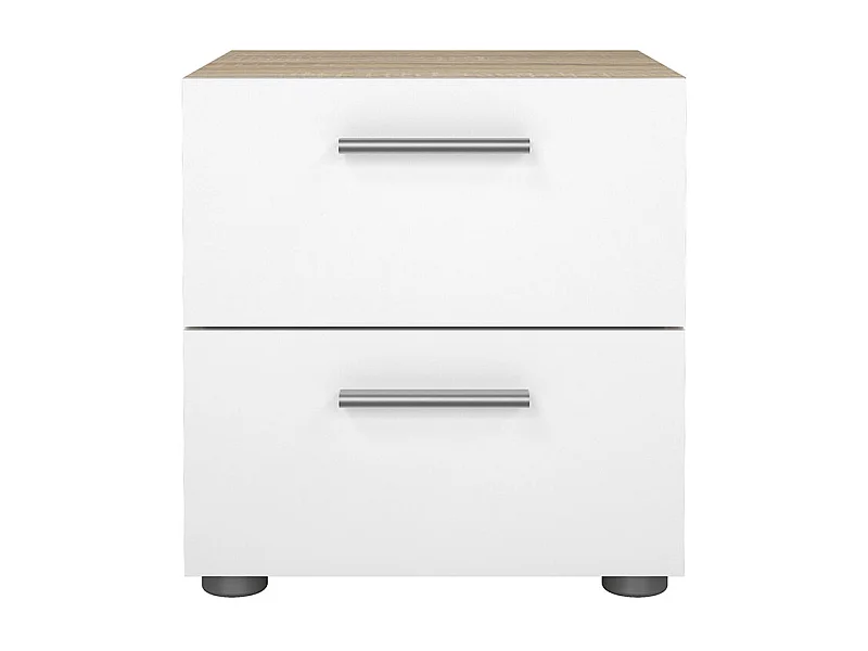 Comodino Pepe a 2 cassetti con struttura in rovere e decori in bianco lucido.