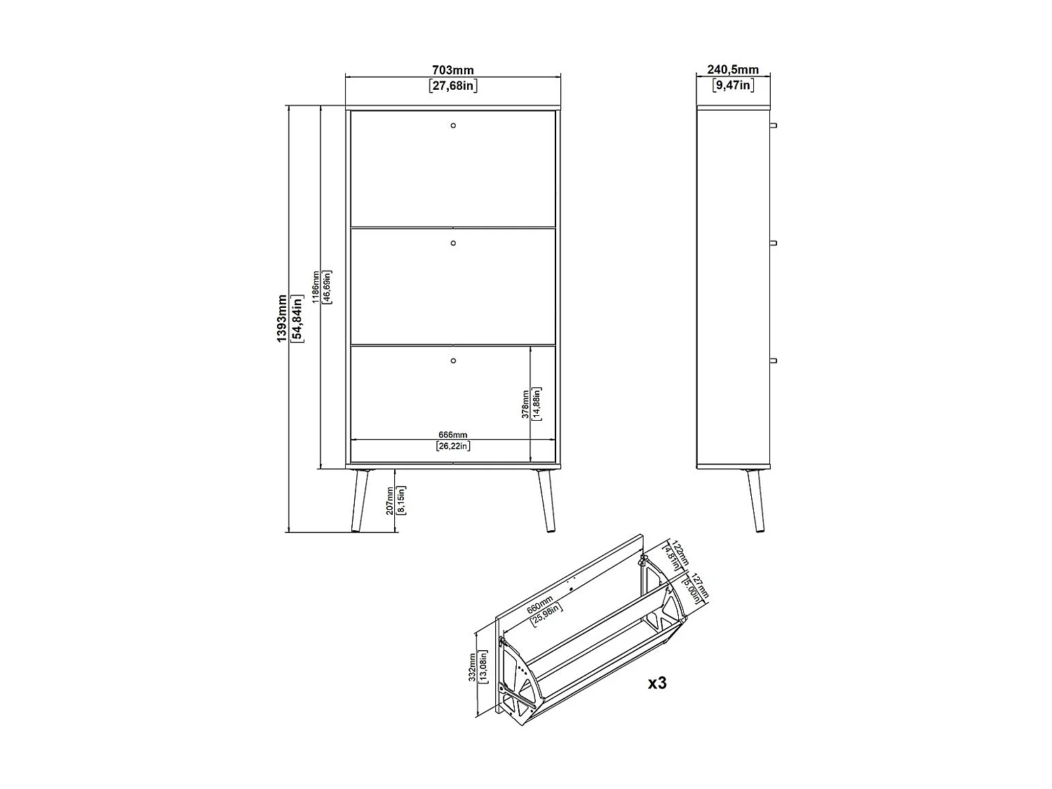 Bodo Schuhschrank 3 Klapptüren matte grau.