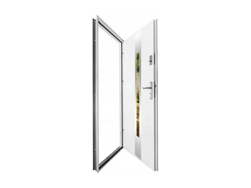 Porte d'entrée 80 cm en acier inoxydable blanc - Poignée et serrure : Avec - Poussant: Droit