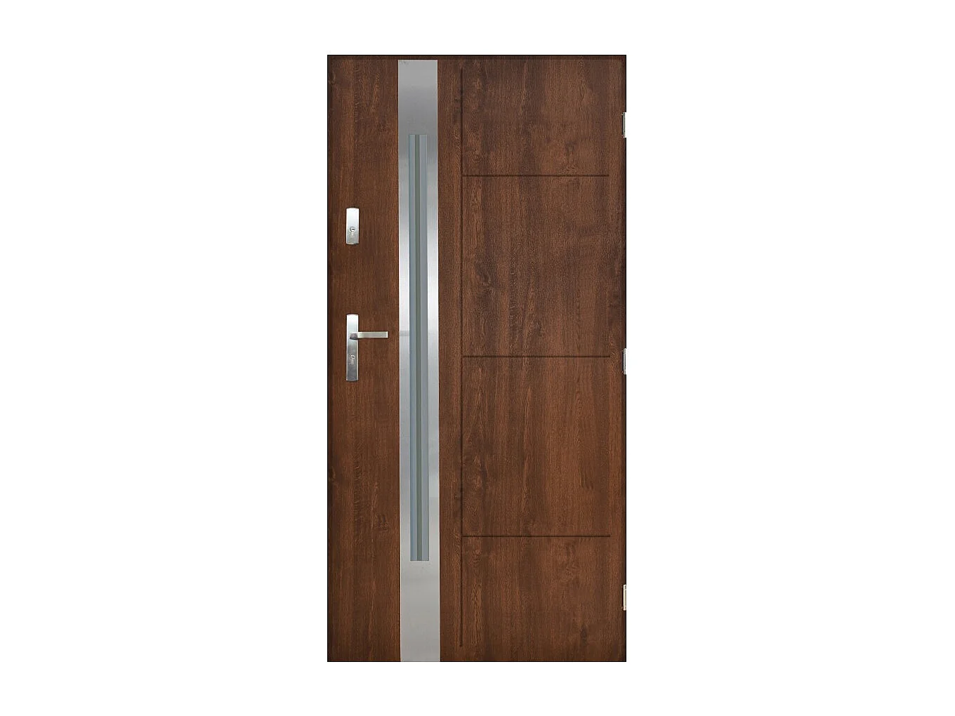 Porte d'entrée SOLEA 90 cm en acier inoxydable - Couleur: Noyer - Poignée et serrure : Avec - Poussant: Gauche