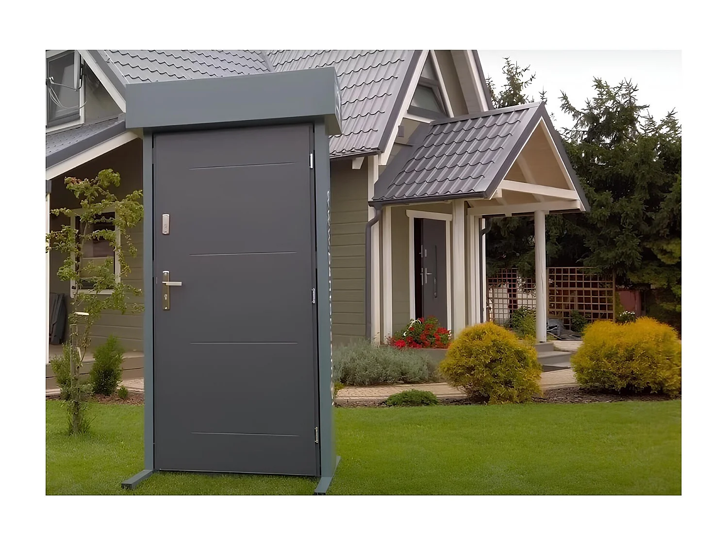 Porte d'entrée GOFA 90 cm en acier inoxydable - Couleur: Noyer - Poignée et serrure : Avec - Poussant: Gauche