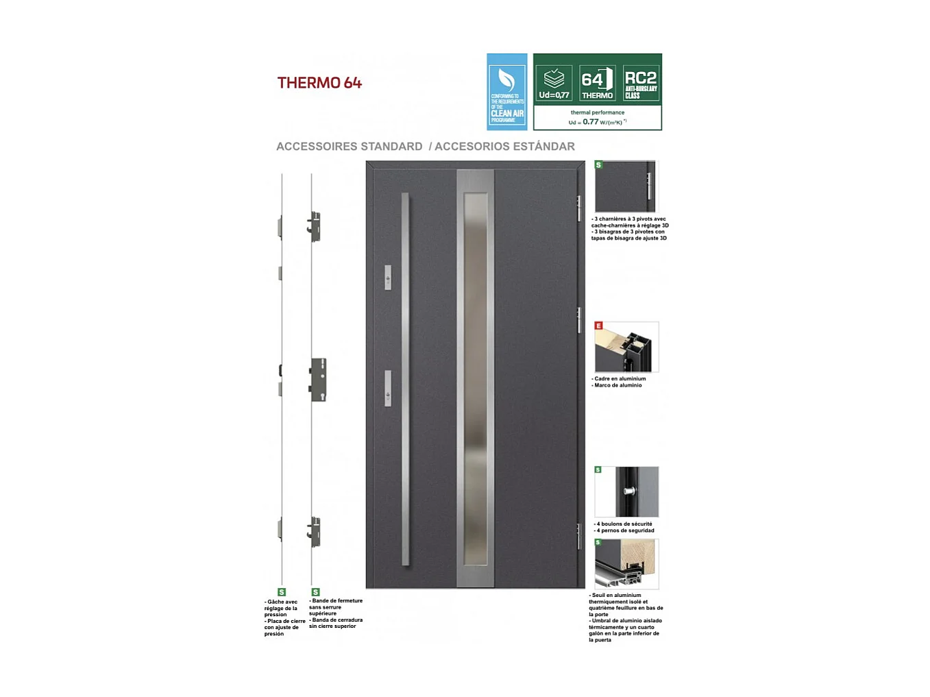 Porte d'entrée en acier avec cadre en aluminium AMBERG 1 90*200 -100*200 cm - Poussant: Gauche - Dimensions: 90 cm - Bâton de maréchal: Sans