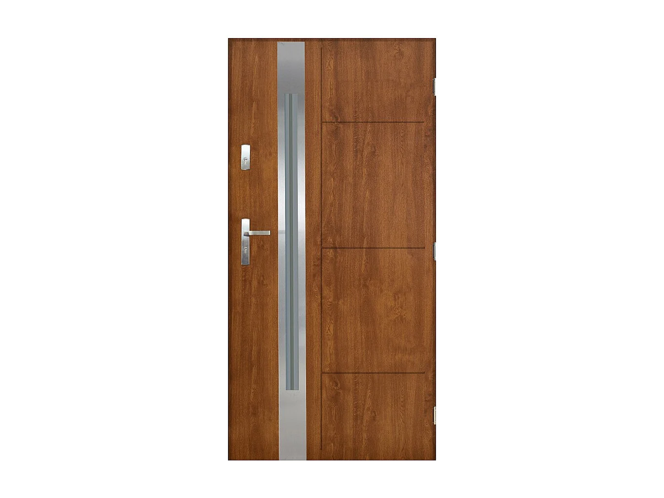 Porte d'entrée SOLEA 90 cm en acier inoxydable - Couleur: Chêne doré - Poignée et serrure : Avec - Poussant: Droit