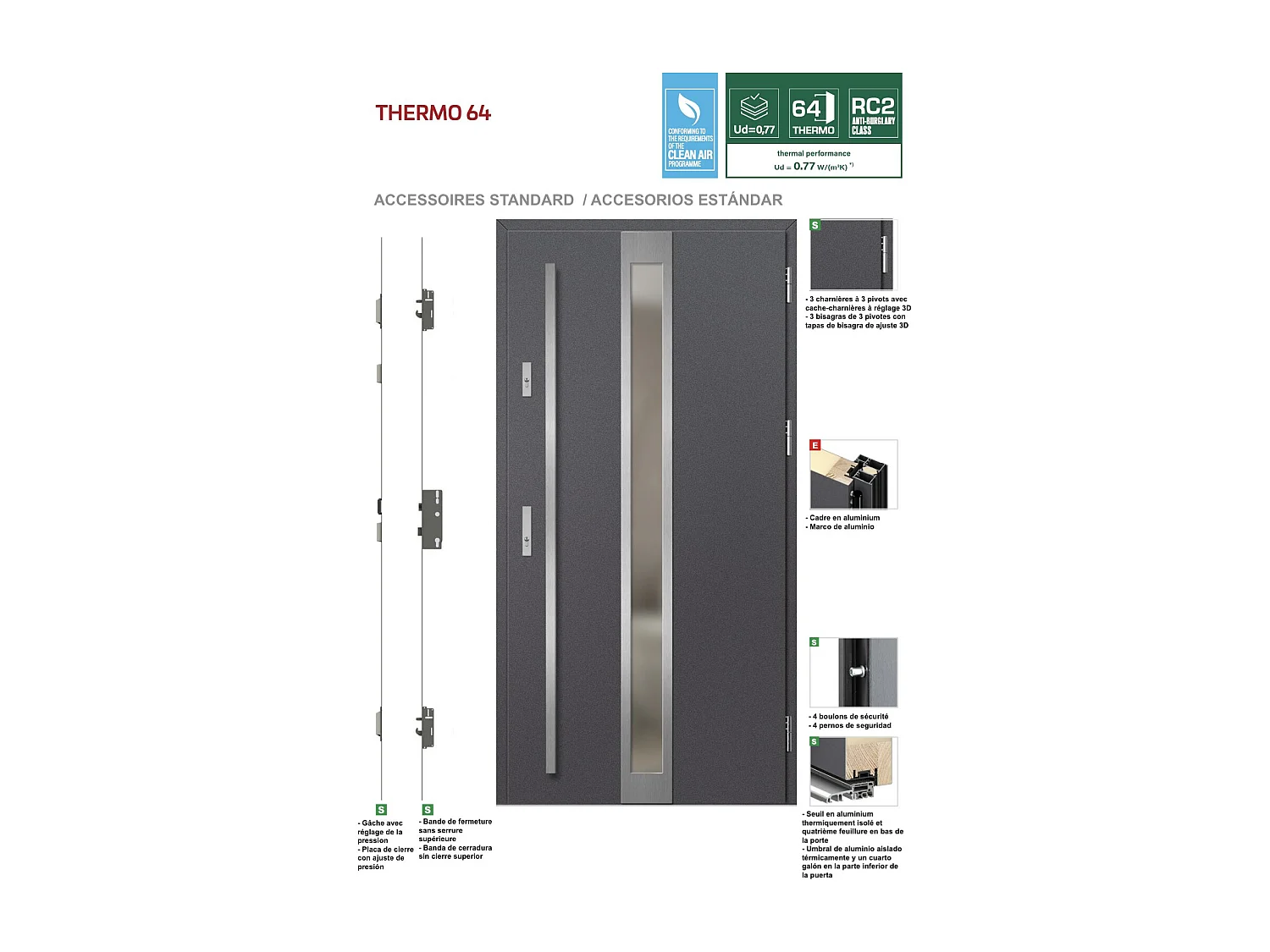 Porte d'entrée en acier avec cadre en aluminium MURTER 6 90*200 -100*200 cm - Poussant: Droit - Dimensions: 90 cm