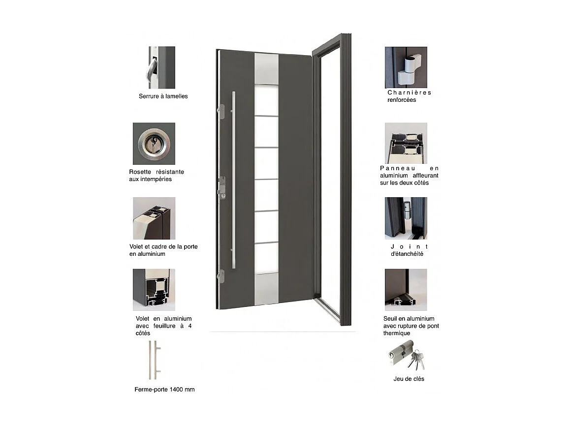 Porte d'entrée en aluminium PASSIVE ALU G2 90 cm anthracite - Poussant: Gauche