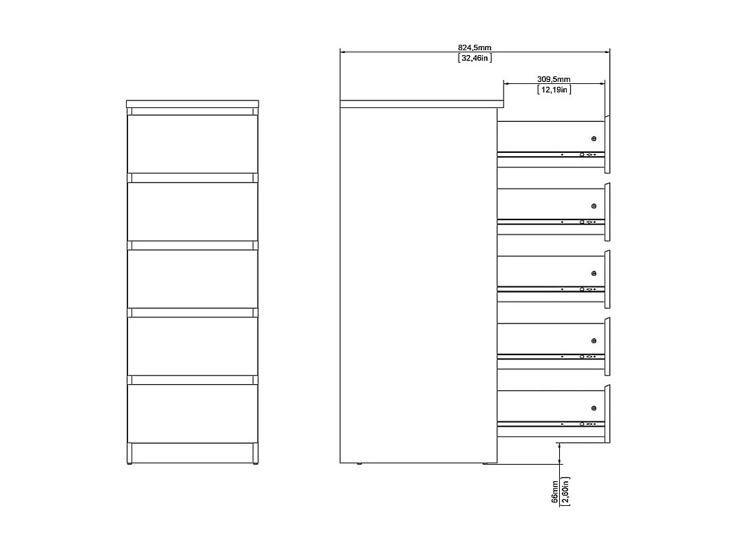 Cassettiera Noulan a 5 cassetti con decori in rovere.