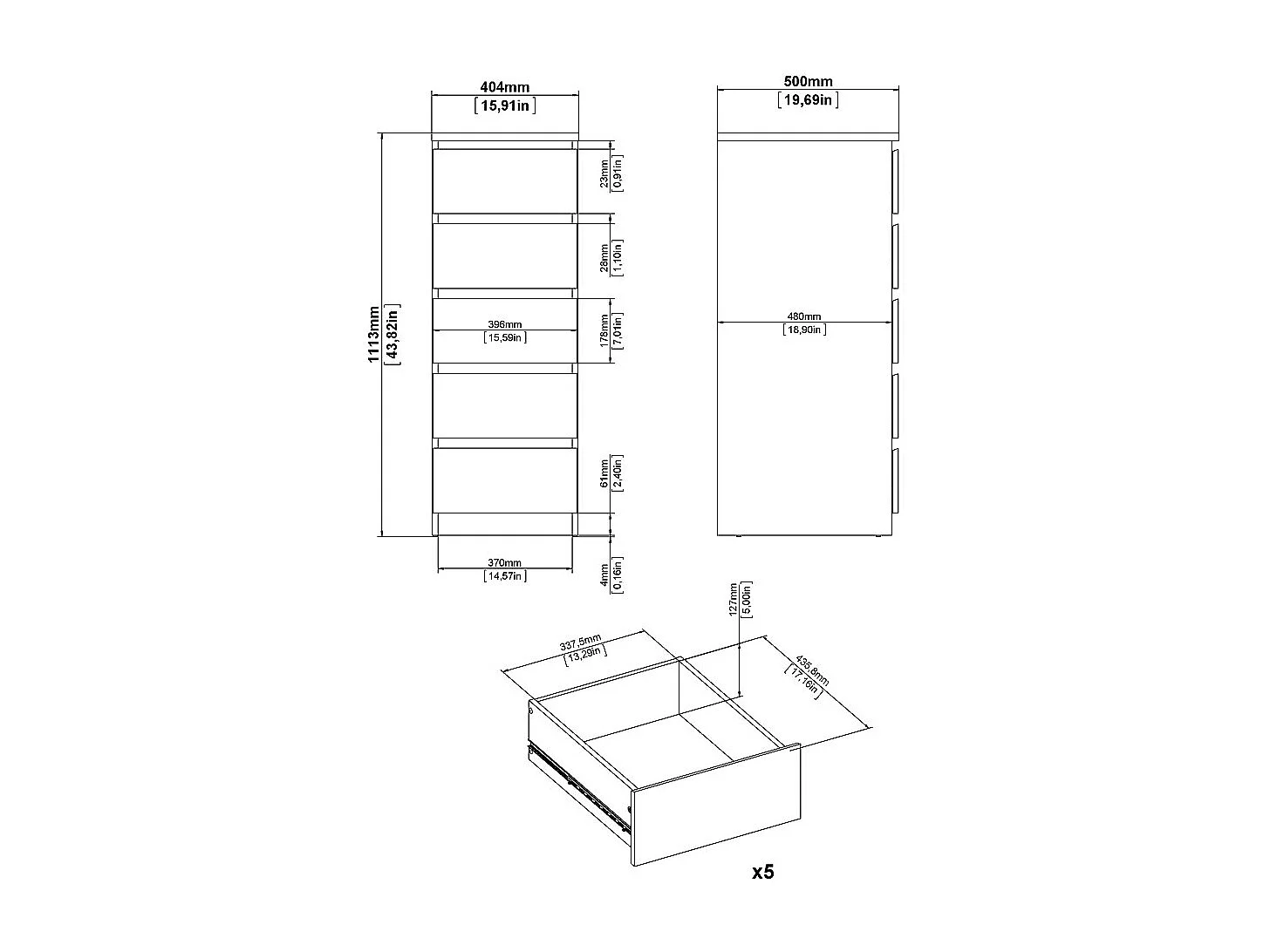 Cassettiera Noulan a 5 cassetti con decori in rovere.