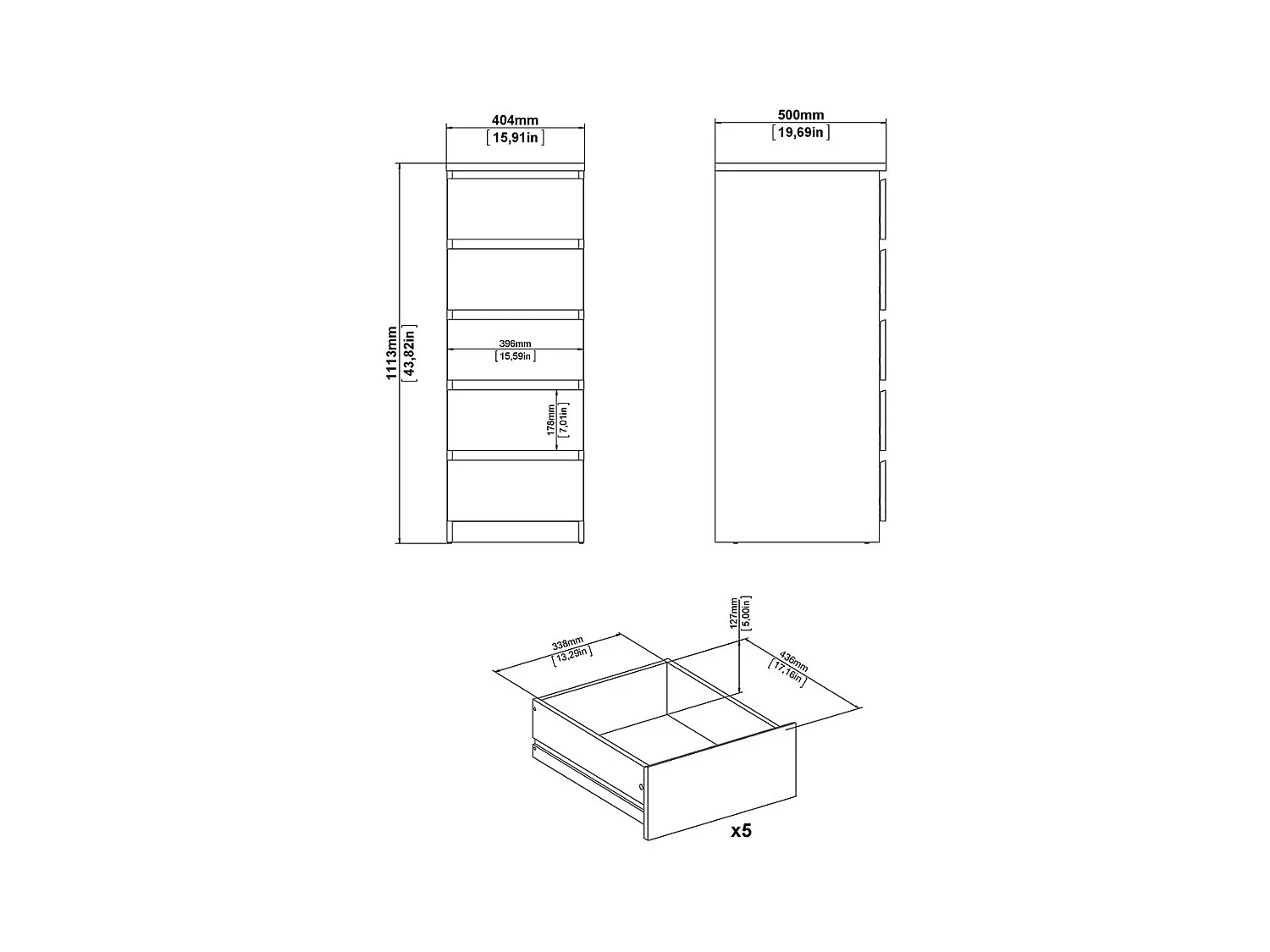 Naia Kommode 5 Schubladen weiß.