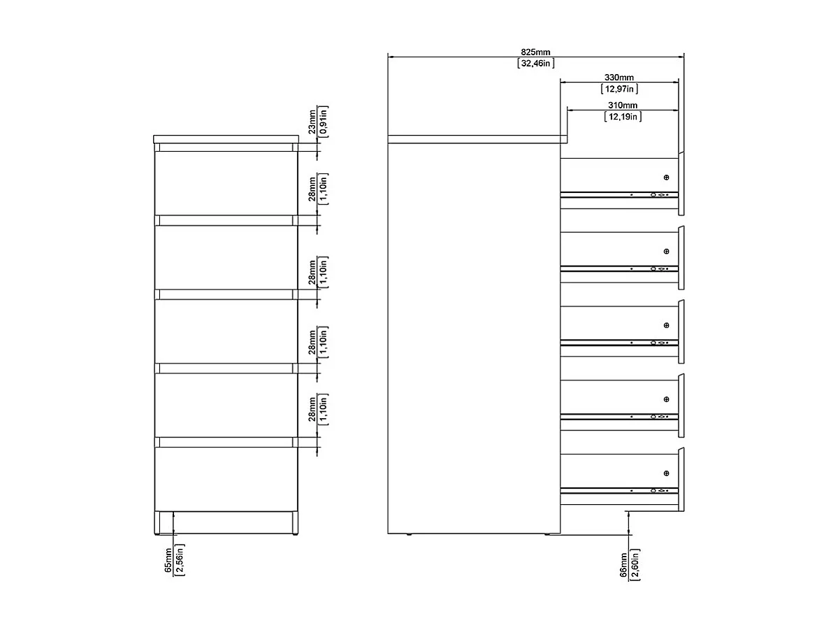 Naia Kommode 5 Schubladen weiß.