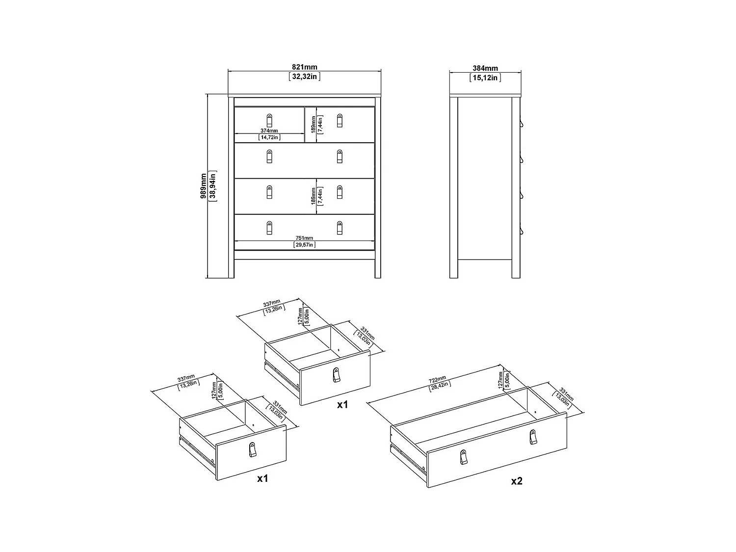 Madrid Kommode 5 Schubladen Eichen-Dekor.