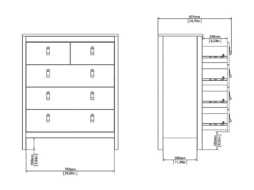 Madrid Kommode 5 Schubladen Eichen-Dekor.