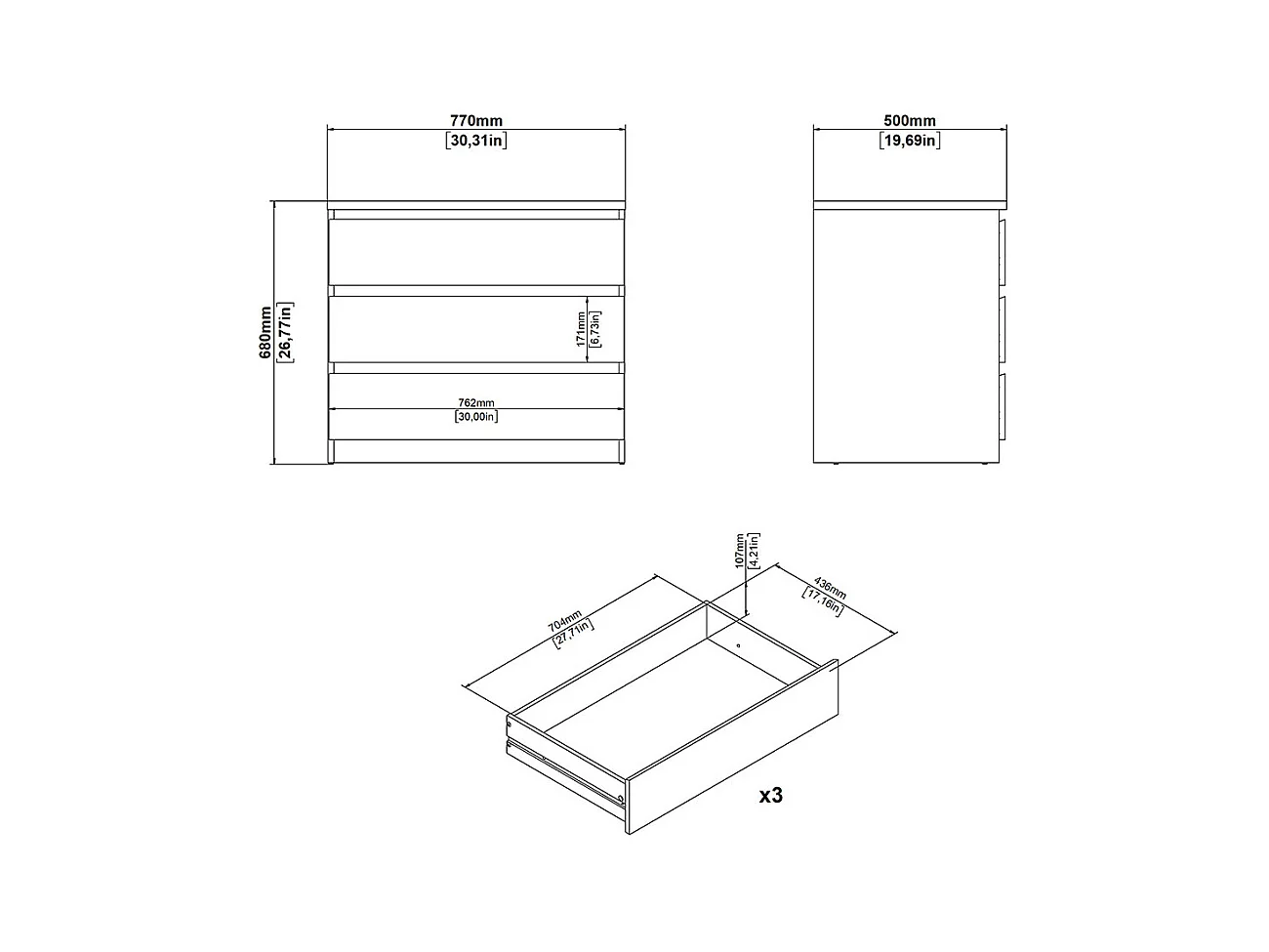Naia Kommode 3 Schubladen Eichen-Dekor.