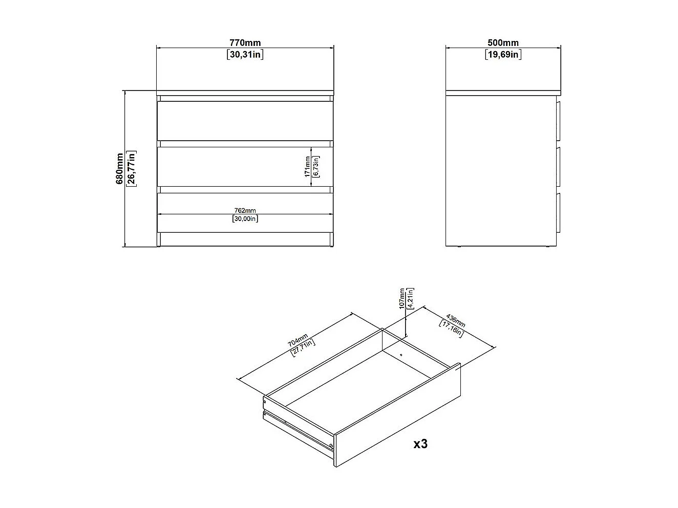 Cassettiera Naia a 3 cassetti, decoro rovere.