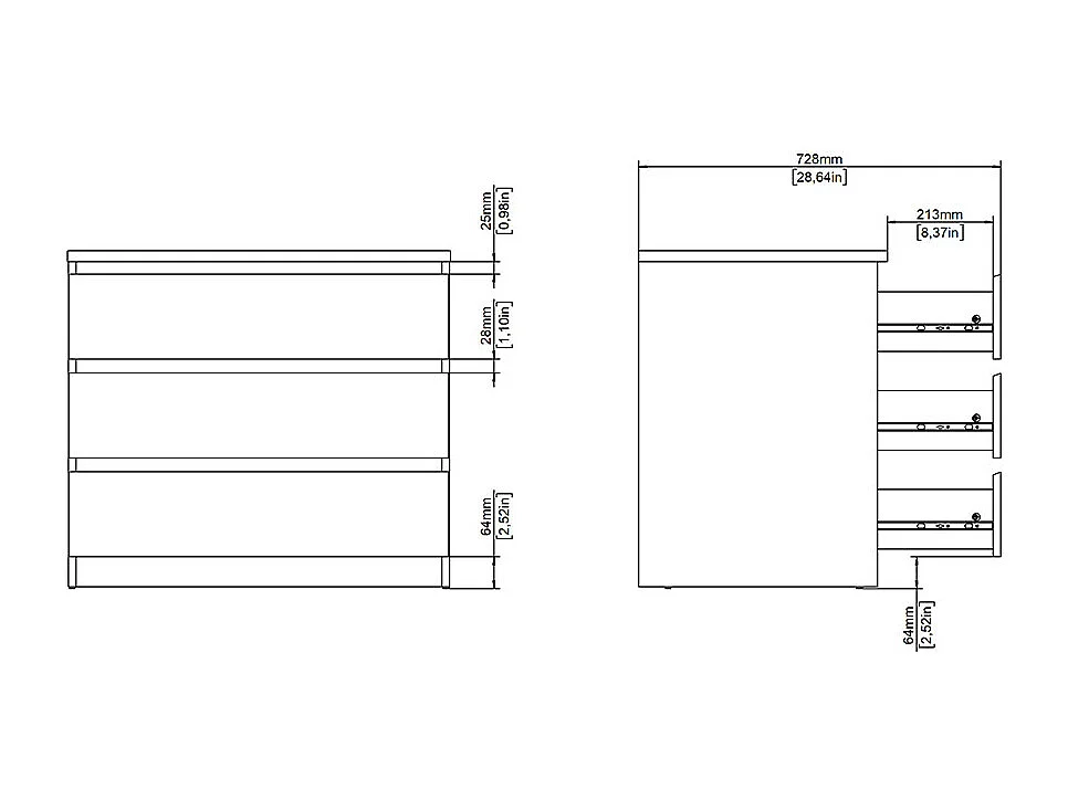 Cassettiera Naia a 3 cassetti, decoro rovere.