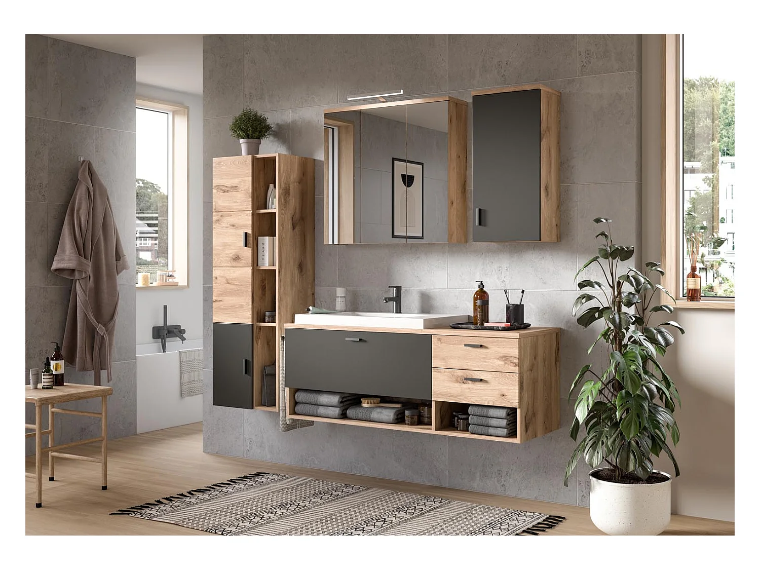 Grado armoire de salle de bain accroché au mur 1 porte chêne décor,mat gris.