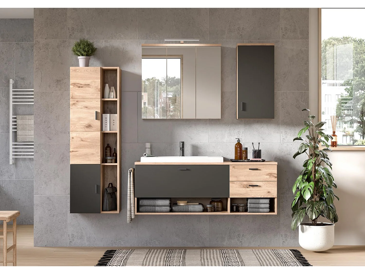 Grado armoire de salle de bain accroché au mur 1 porte chêne décor,mat gris.