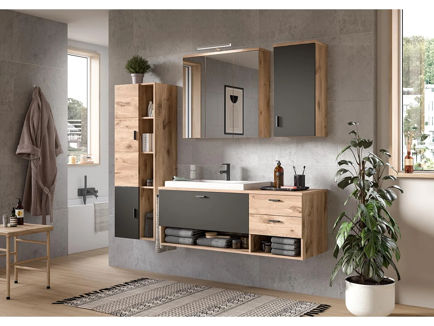 Grado armoire de salle de bain accroché au mur 1 porte chêne décor,mat gris.
