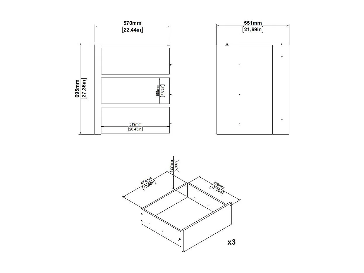 Armadio Catania con 3 cassetti da 57 cm a 120 cm bianco