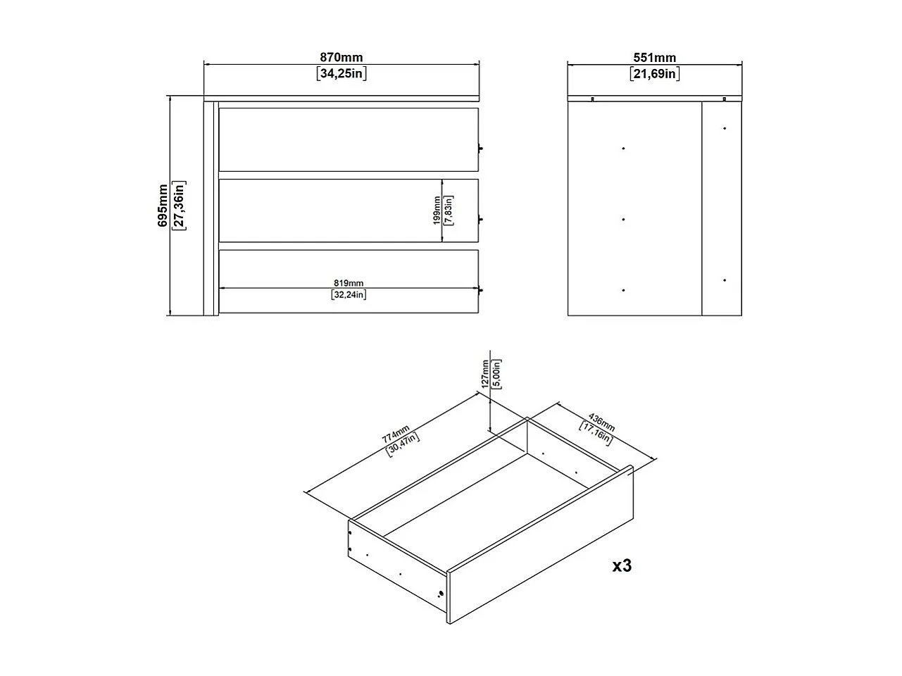 Armadio Catania con 3 cassetti, da 87 cm a 180 cm, bianco