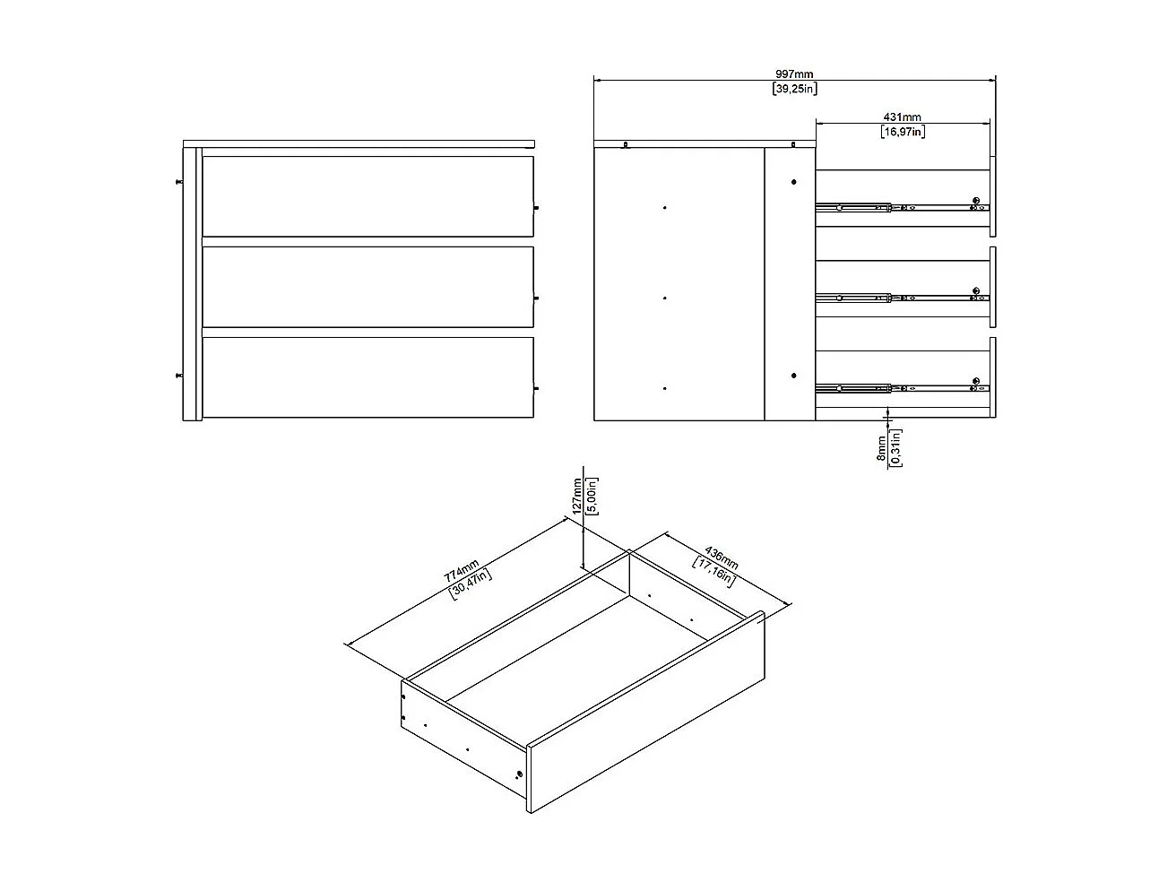 Armadio Catania con 3 cassetti, da 87 cm a 180 cm, bianco