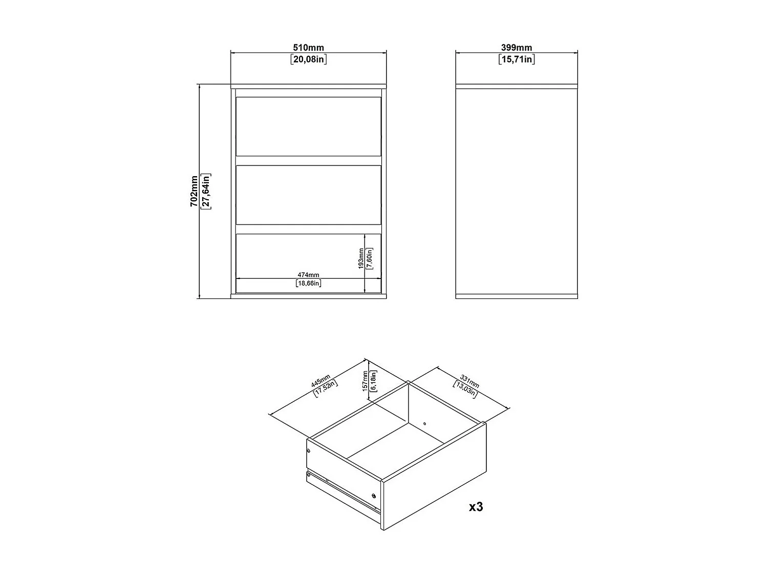 Catania cassetto estraibile 3 cassetti 51cm a 140cm armadio bianco