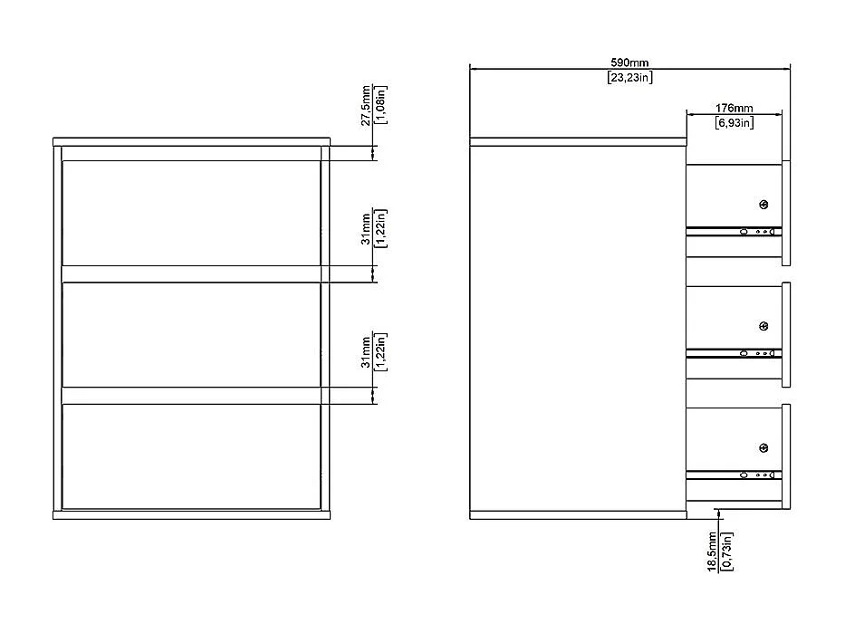 Catania cassetto estraibile 3 cassetti 51cm a 140cm armadio bianco