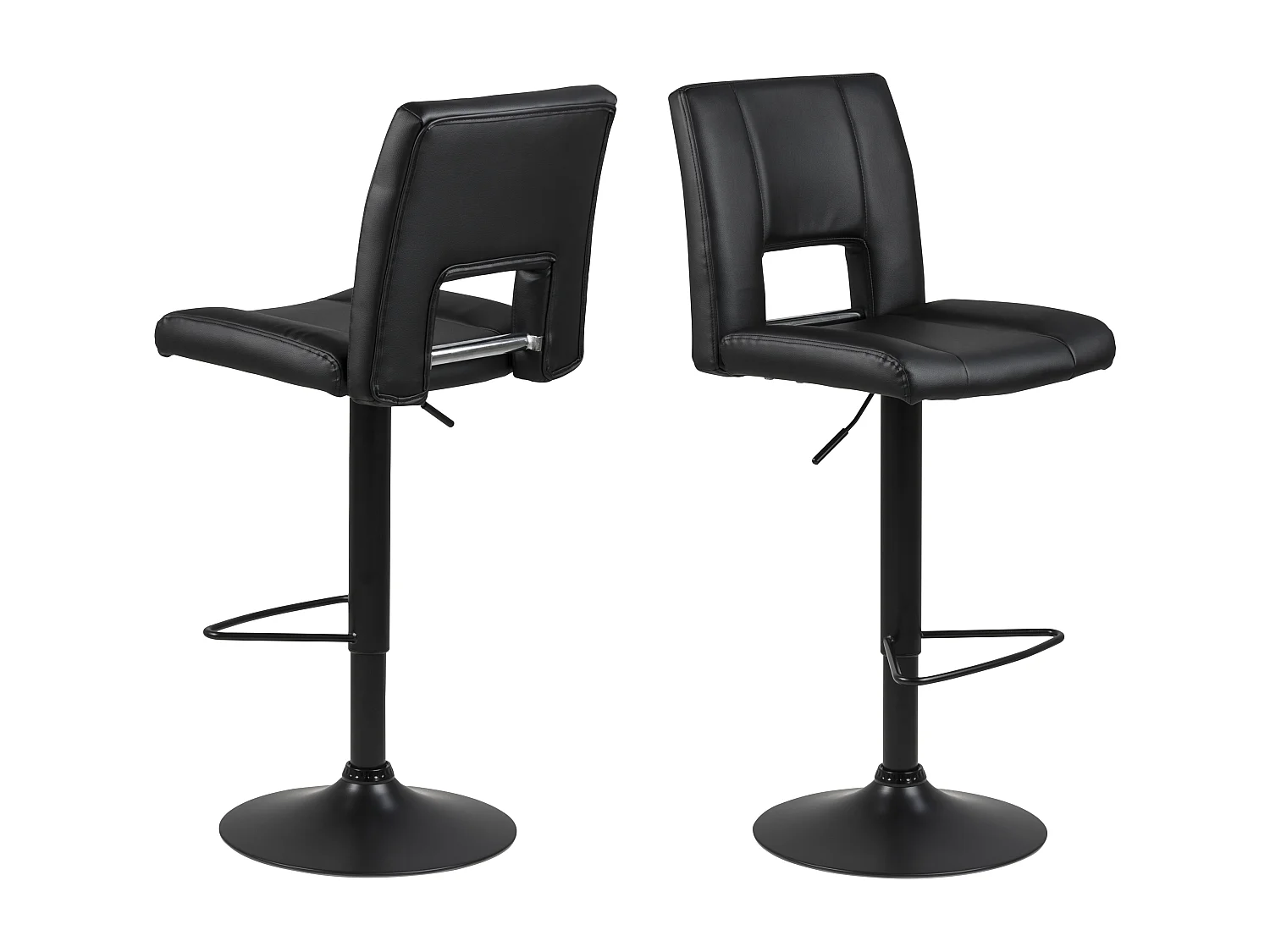Sys Tabouret de bar, hauteur réglable en similicuir noir avec piètement noir.