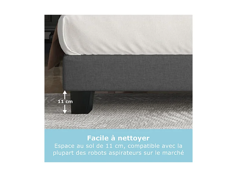 Letto 140x190 cm INRE - Letto matrimoniale con testiera in tessuto e lampada LED - Letto imbottito con rete a doghe - Letto per adulti - Grigio scuro