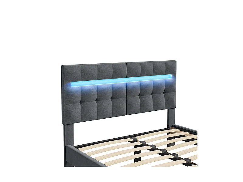 Letto 140x190 cm INRE - Letto matrimoniale con testiera in tessuto e lampada LED - Letto imbottito con rete a doghe - Letto per adulti - Grigio scuro