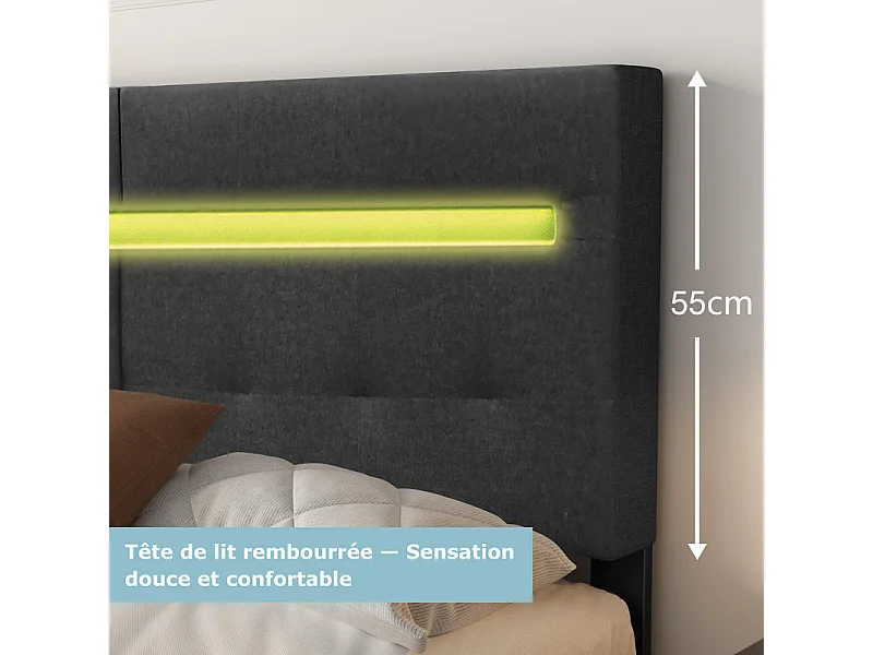 Bed 140x190 cm INRE - Tweepersoonsbed met stoffen hoofdeinde en led-lamp - Gestoffeerd bed met lattenbodem - Volwassen bed - Donkergrijs