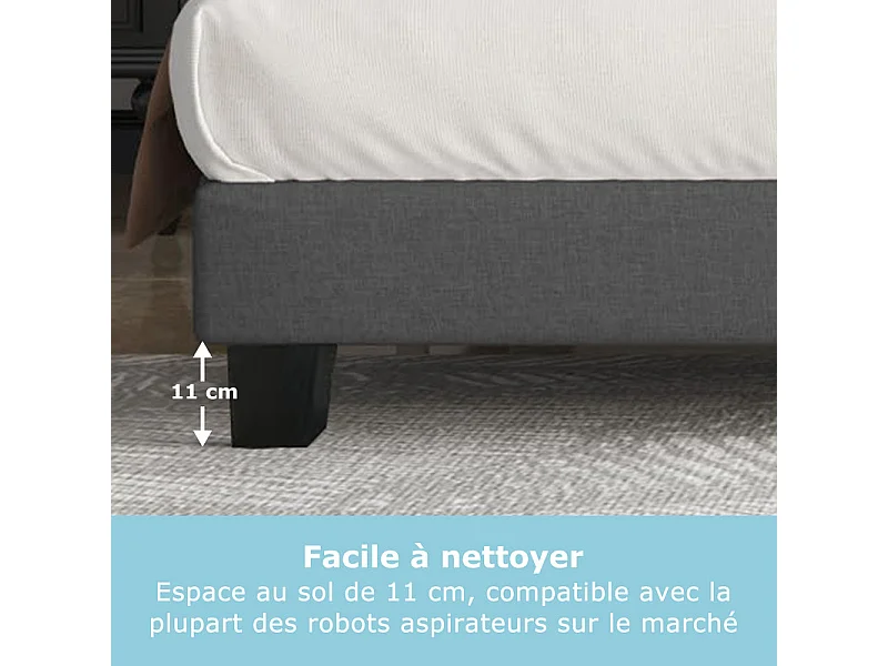 Bed 140x190 cm INRE - Tweepersoonsbed met stoffen hoofdeinde en led-lamp - Gestoffeerd bed met lattenbodem - Volwassen bed - Donkergrijs