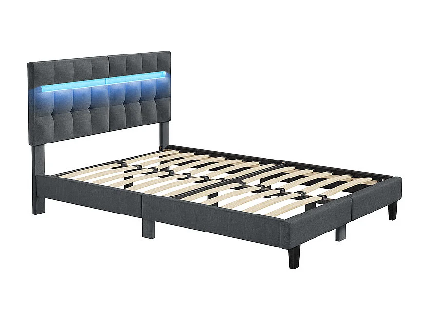 Bed 140x190 cm INRE - Tweepersoonsbed met stoffen hoofdeinde en led-lamp - Gestoffeerd bed met lattenbodem - Volwassen bed - Donkergrijs