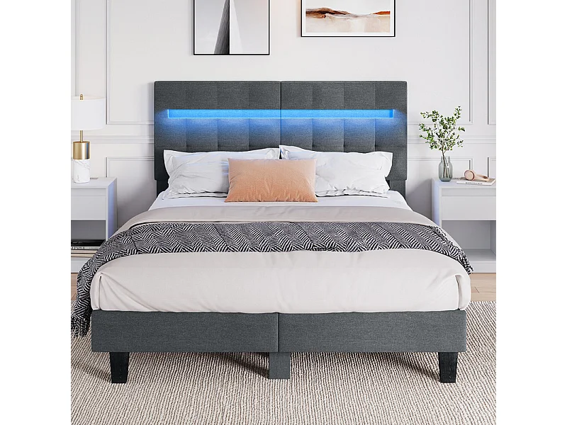 Bed 140x190 cm INRE - Tweepersoonsbed met stoffen hoofdeinde en led-lamp - Gestoffeerd bed met lattenbodem - Volwassen bed - Donkergrijs