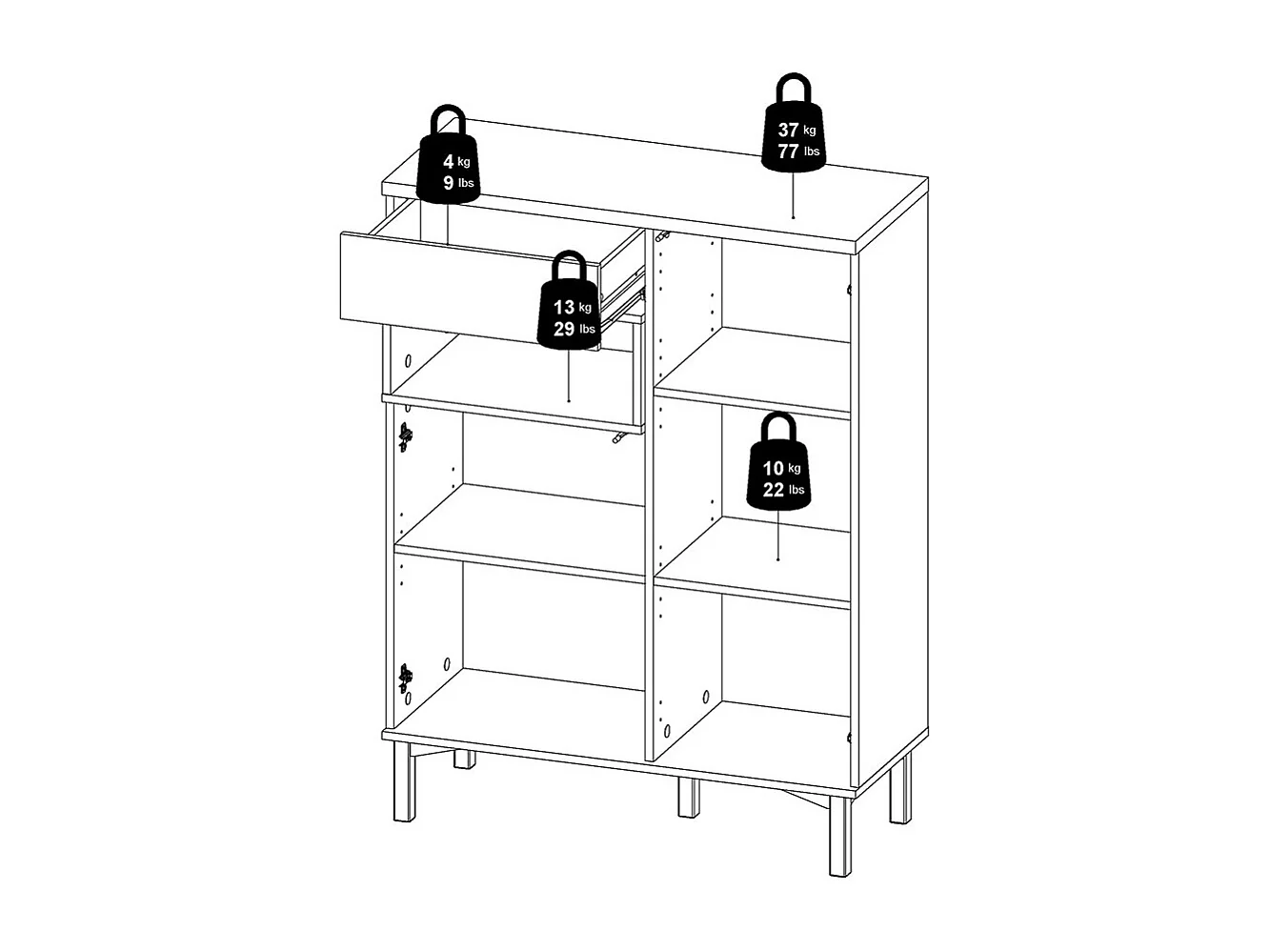 Ringe Sideboard 2 Türen, 1 Schublade und 1 Fach, weiß und Eichen Dekor.