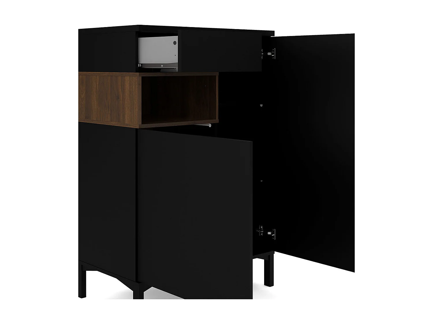 Ringe Sideboard 2 Türen, 1 Schublade und 1 Fach, schwarz und Walnuss Dekor.