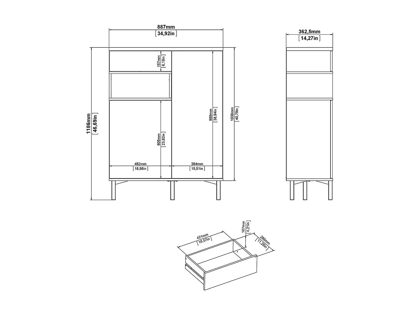 Ringe Sideboard 2 Türen, 1 Schublade und 1 Fach, schwarz und Walnuss Dekor.