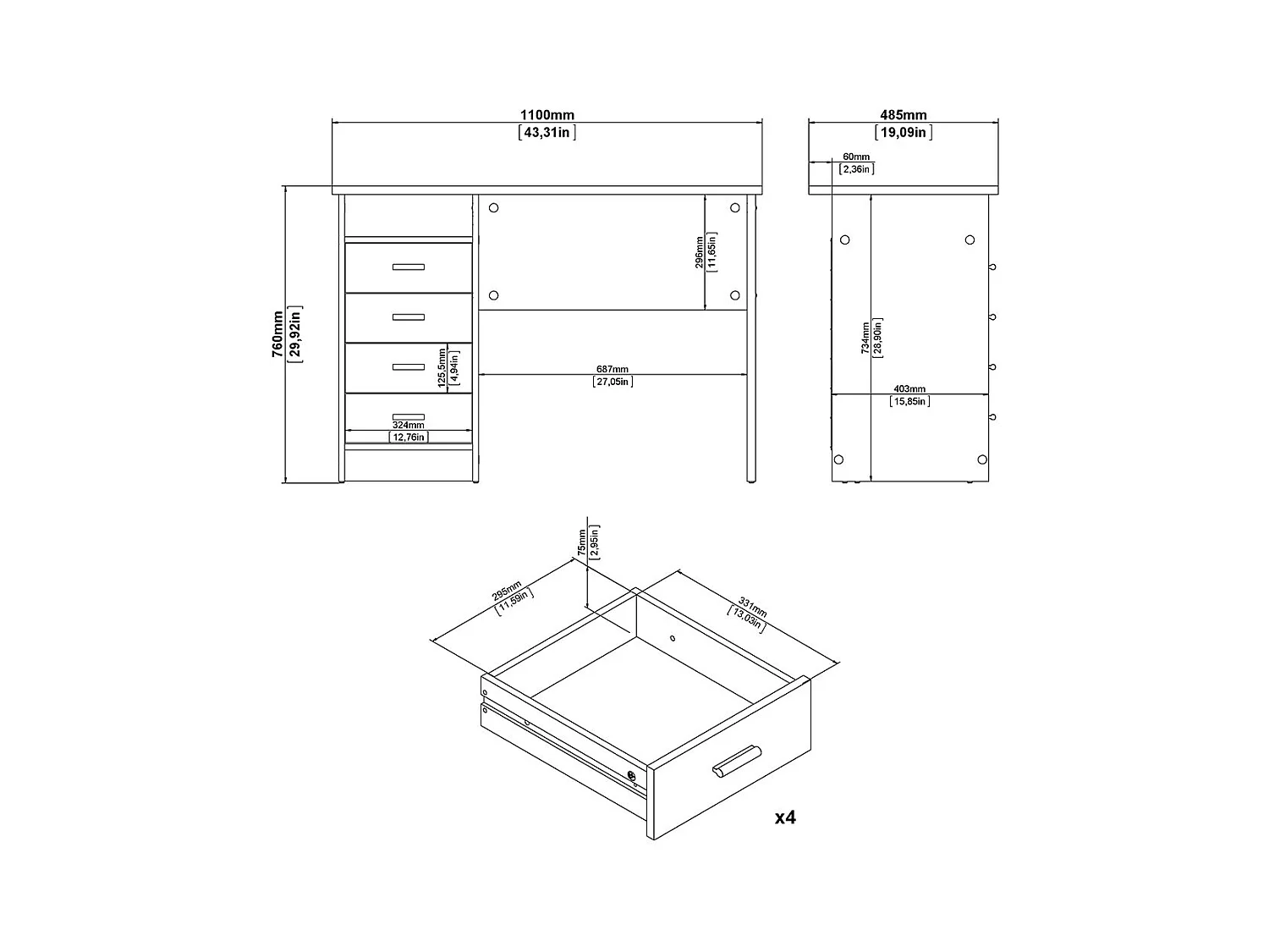 Scrivania FunctionPlus con 4 cassetti e 1 ripiano, decoro frassino nero.