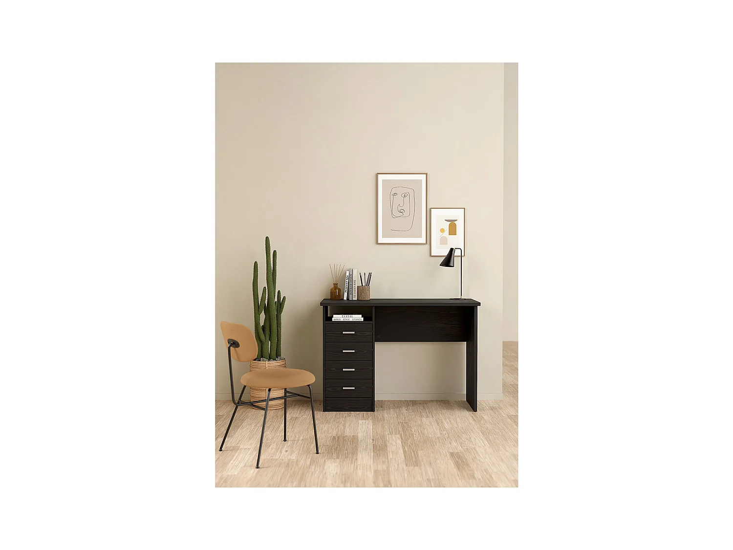 Scrivania FunctionPlus con 4 cassetti e 1 ripiano, decoro frassino nero.