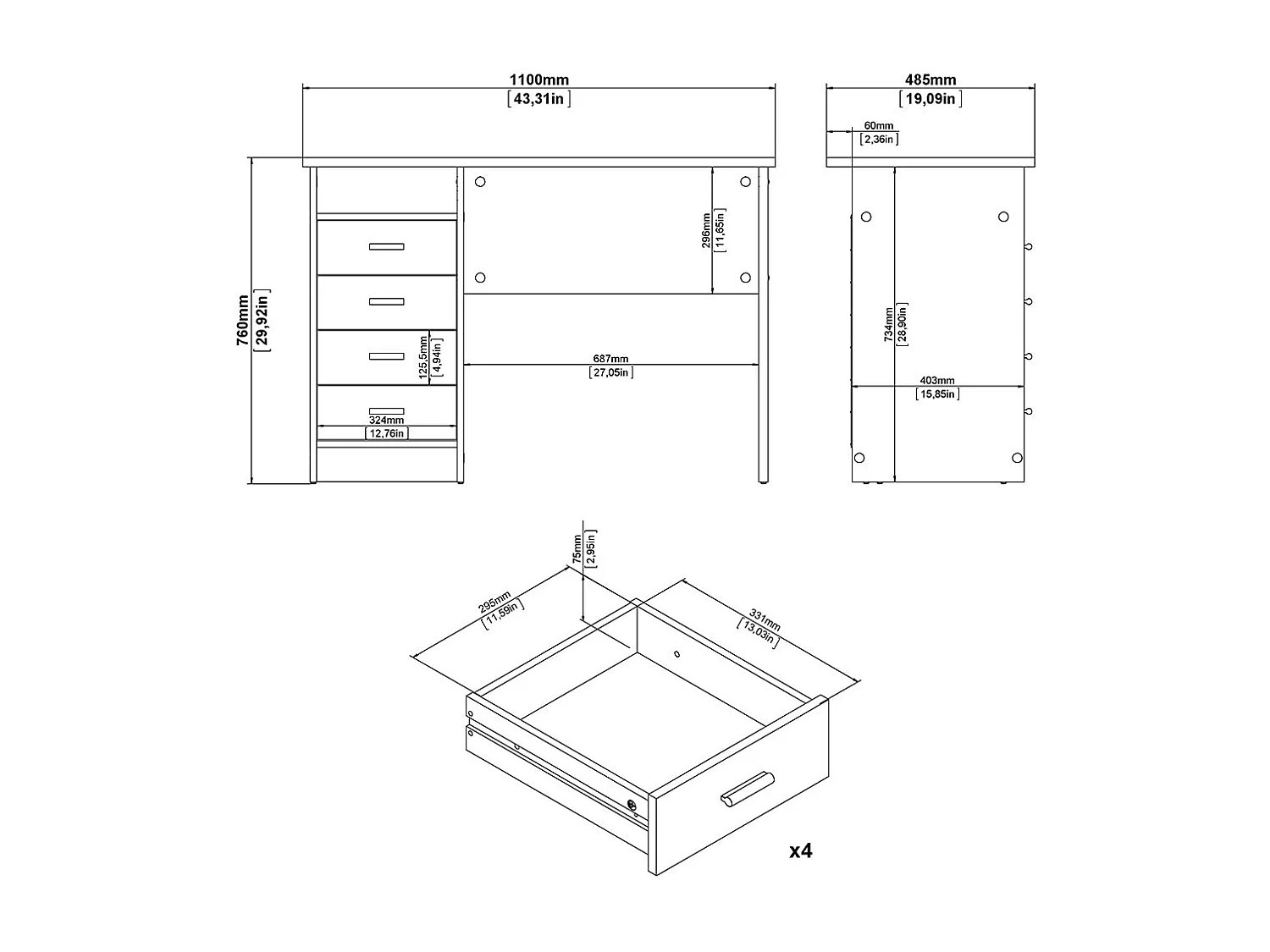 FunctionPlus Schreibtisch 4 Schubladen, 1 Ablage schwarze Asche-Dekor.