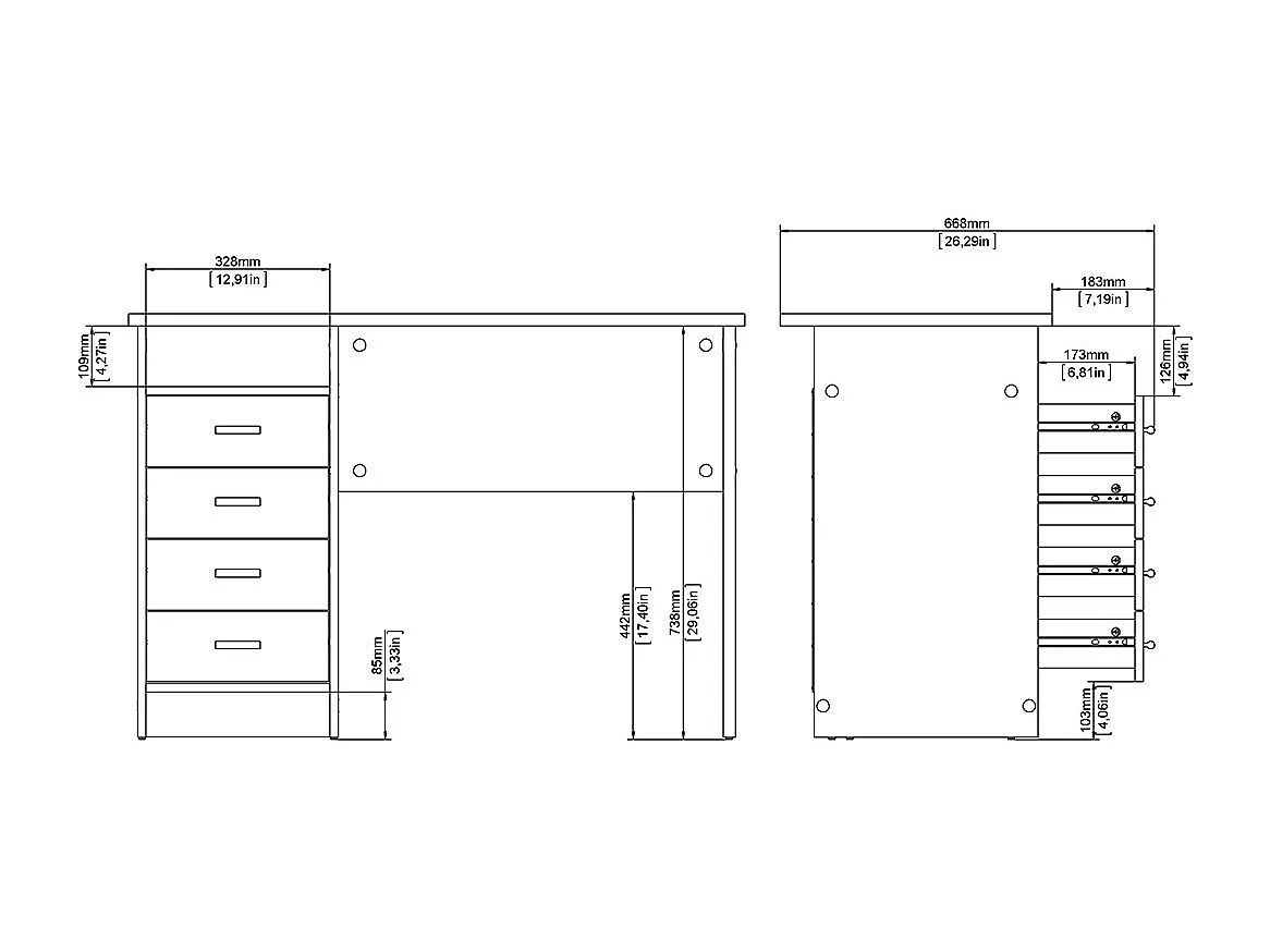 FunctionPlus Schreibtisch 4 Schubladen, 1 Ablage schwarze Asche-Dekor.