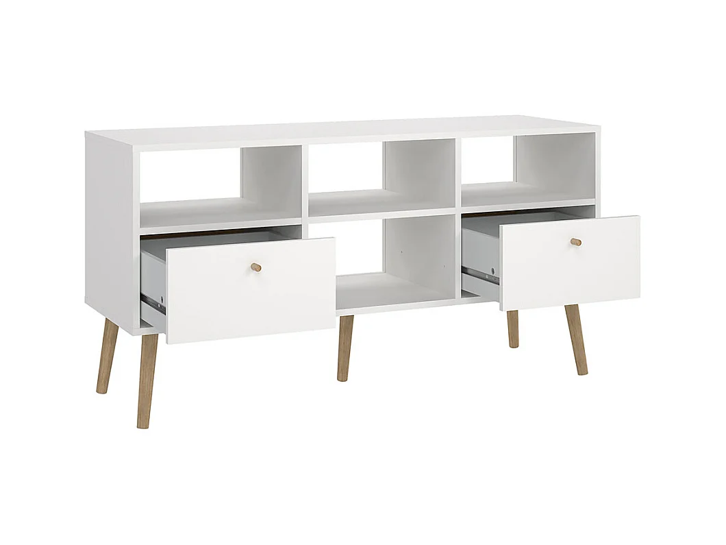 Bodo TV Tisch 2 Schubladen, 4 Ablagen weiß.