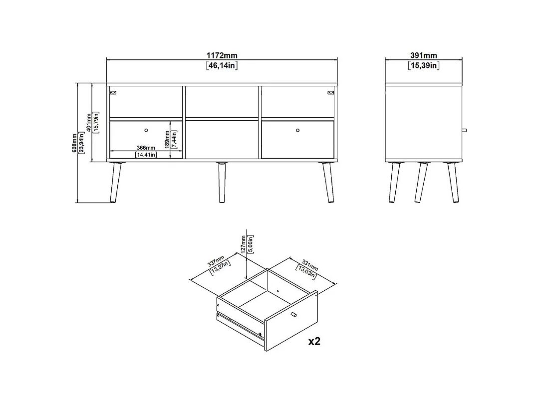 Bodo TV Tisch 2 Schubladen, 4 Ablagen weiß.