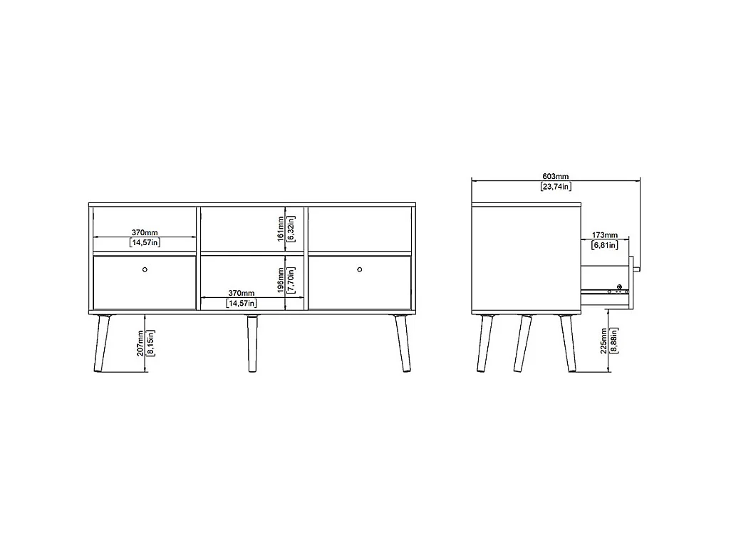 Bodo TV Tisch 2 Schubladen, 4 Ablagen weiß.