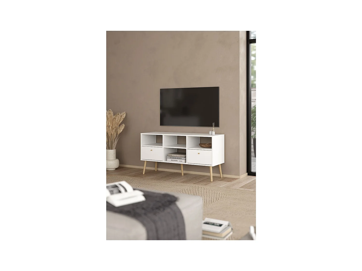 Bodo TV Tisch 2 Schubladen, 4 Ablagen weiß.