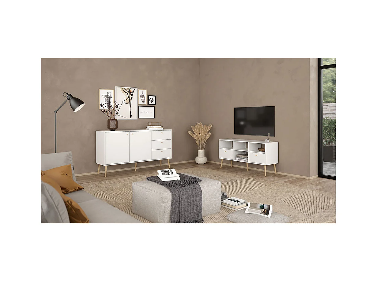 Bodo TV Tisch 2 Schubladen, 4 Ablagen weiß.